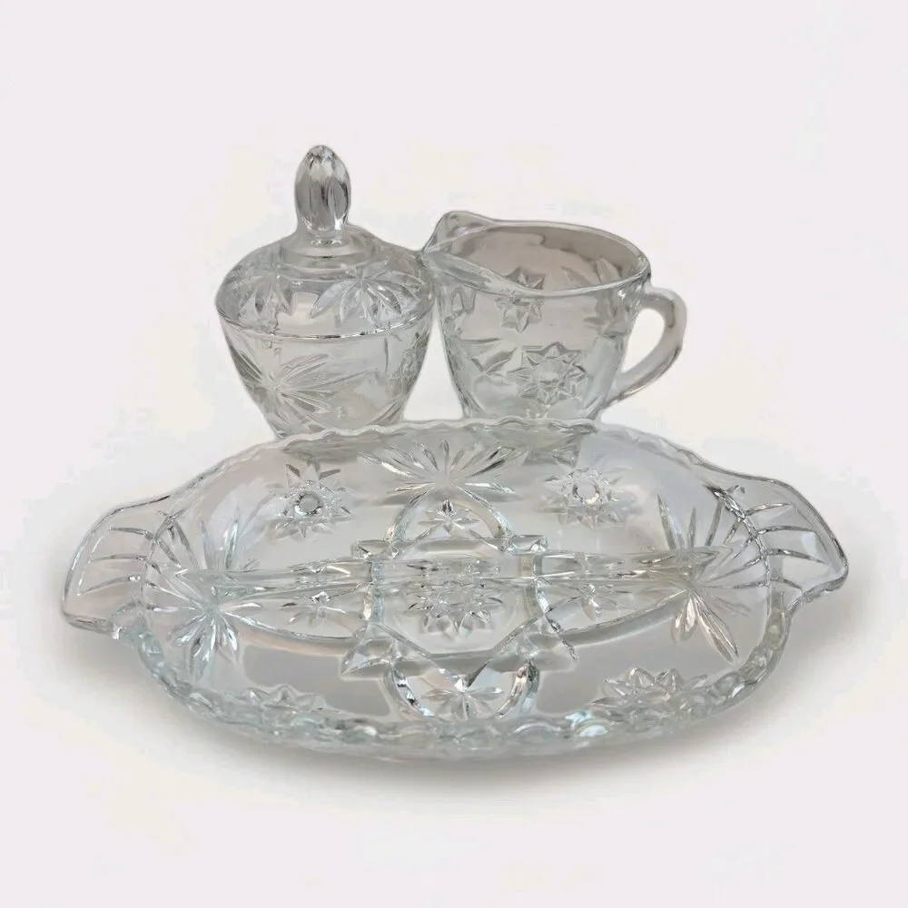 Anchor Hocking EAPC Star of David Creamer, Sugar Bowl w Lid, Relish Dish VTG
